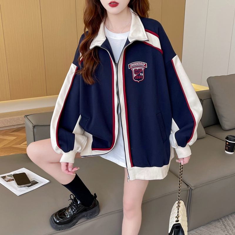 實拍 寬鬆立領棒球服外套女春秋設計感小眾撞色拼接卡通刺繡開衫