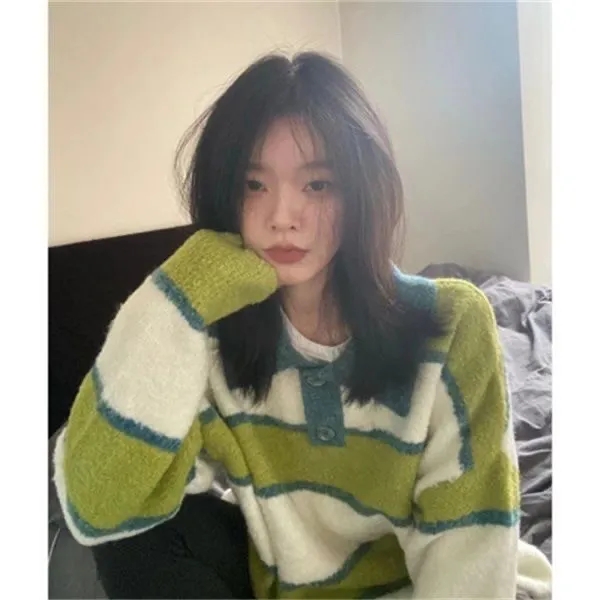 網紅韓版條紋POLO領毛衣女2023新款慵懶風ins設計感小眾溫柔上衣