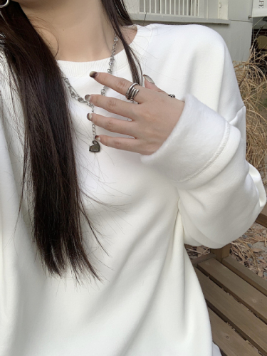 实拍 白色加绒长袖T恤女年秋冬新款宽松韩版内搭圆领打底上衣