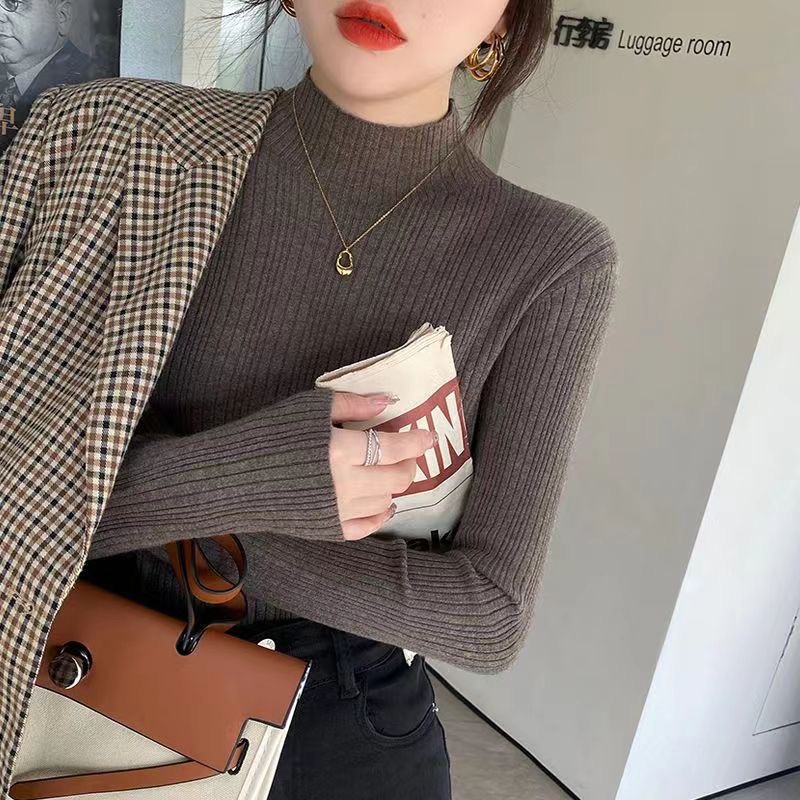 韓版秋冬新款毛衣女半高領打底衫修身針織衫長袖內搭上衣苞芯紗