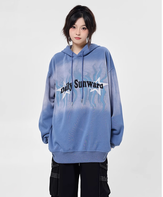 美式復古oversize刺繡扎染漸變藍色衛衣女連帽2023新款慵懶風上衣