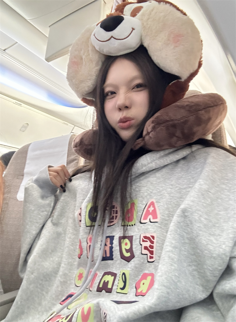 實拍~韓系慵懶趣味彩色字母印花寬鬆灰色連帽加絨衛衣