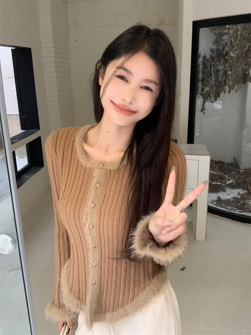 實拍 韓版通勤毛邊氣質單排扣針織毛衣開衫