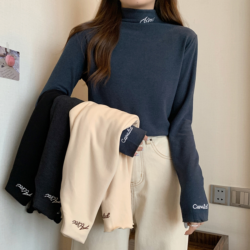 實拍 秋季韓版寬鬆半高領保暖德絨純色打底衫長袖T恤女