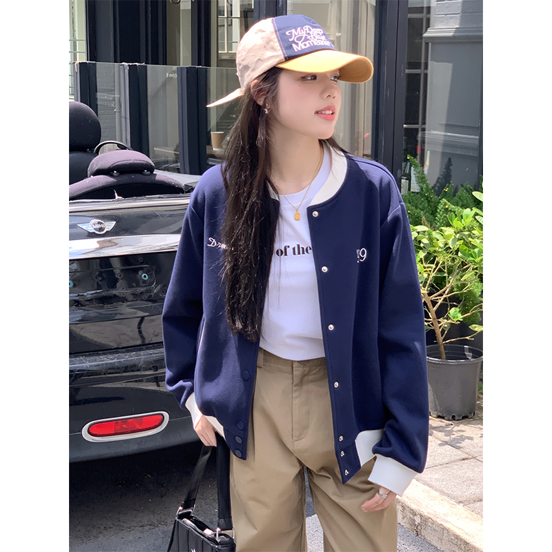 Real shot of baseball uniform jacket for women 2023 new autumn tweed fabric letter embroidered jacket top