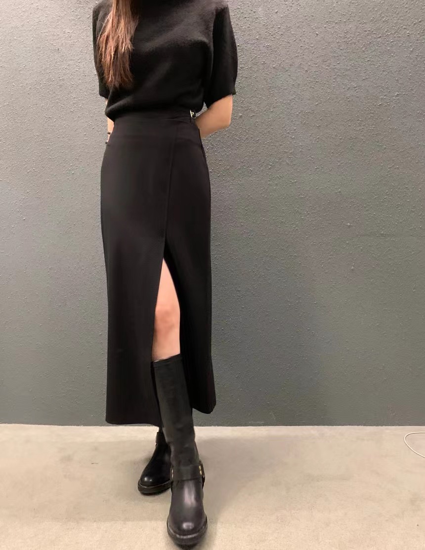 Korean chic autumn new French design slit skirt women's slim and irregular long skirt