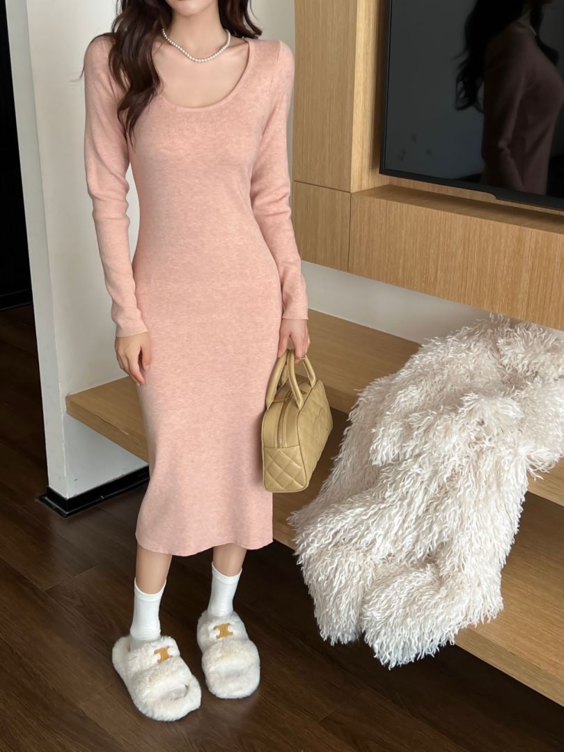 氣質修身連衣裙女秋季長款收腰顯瘦開叉包臀裙純欲辣妹打底小
