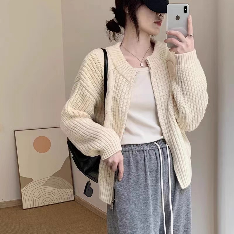 慵懶風麻花針織開衫女2023春秋新款圓領顯瘦上衣薄款長袖毛衣