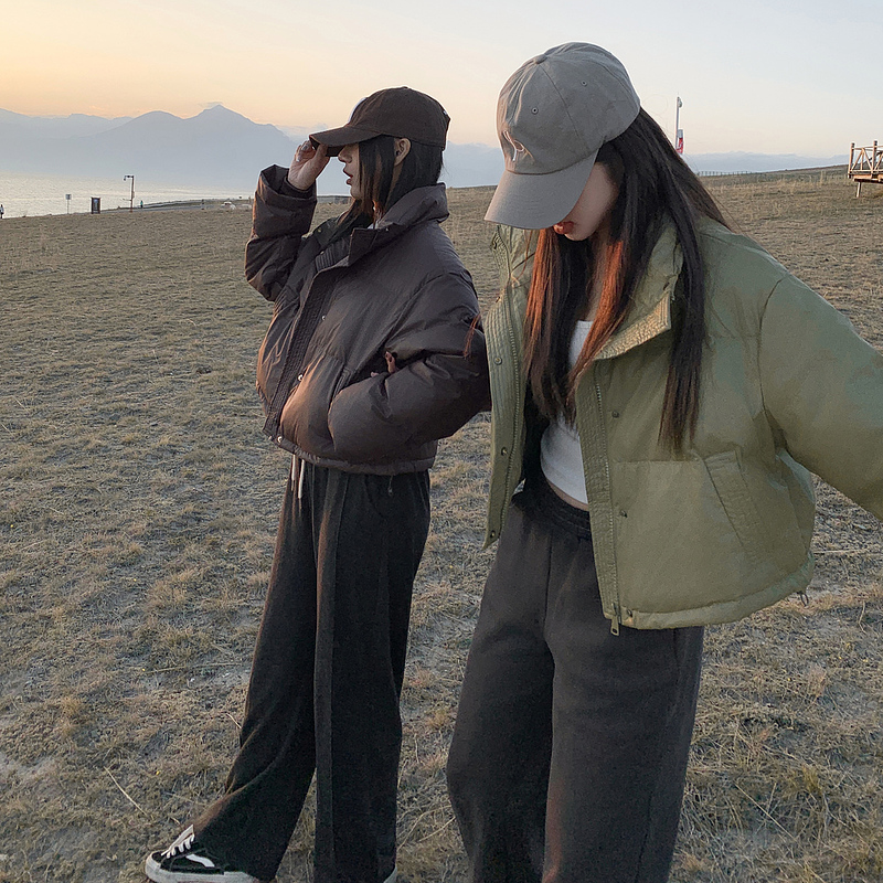 免洗PU皮羽絨棉服女短款2023新款冬季加厚寬鬆立領麵包服時尚外套