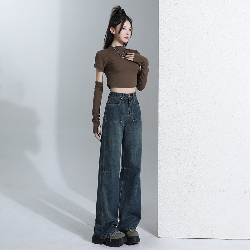 實拍2023秋季時尚韓版設計感直筒闊腿高腰牛仔褲女