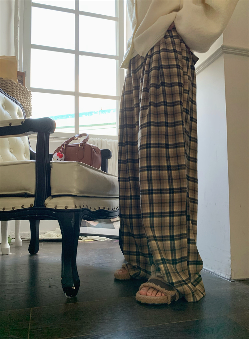 實拍 美拉德咖色系休閒格紋百搭寬鬆闊腿褲格子長褲