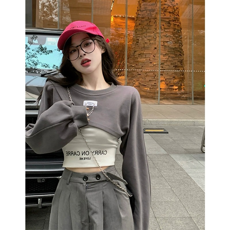Irregular two-piece sweatshirt blouse suit with design letter print, waistless short layered vest top, trendy