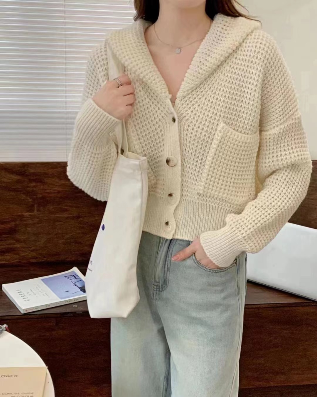 韓版連帽開衫毛衣女早春寬鬆顯瘦慵懶風短款長袖針織外套別致上衣