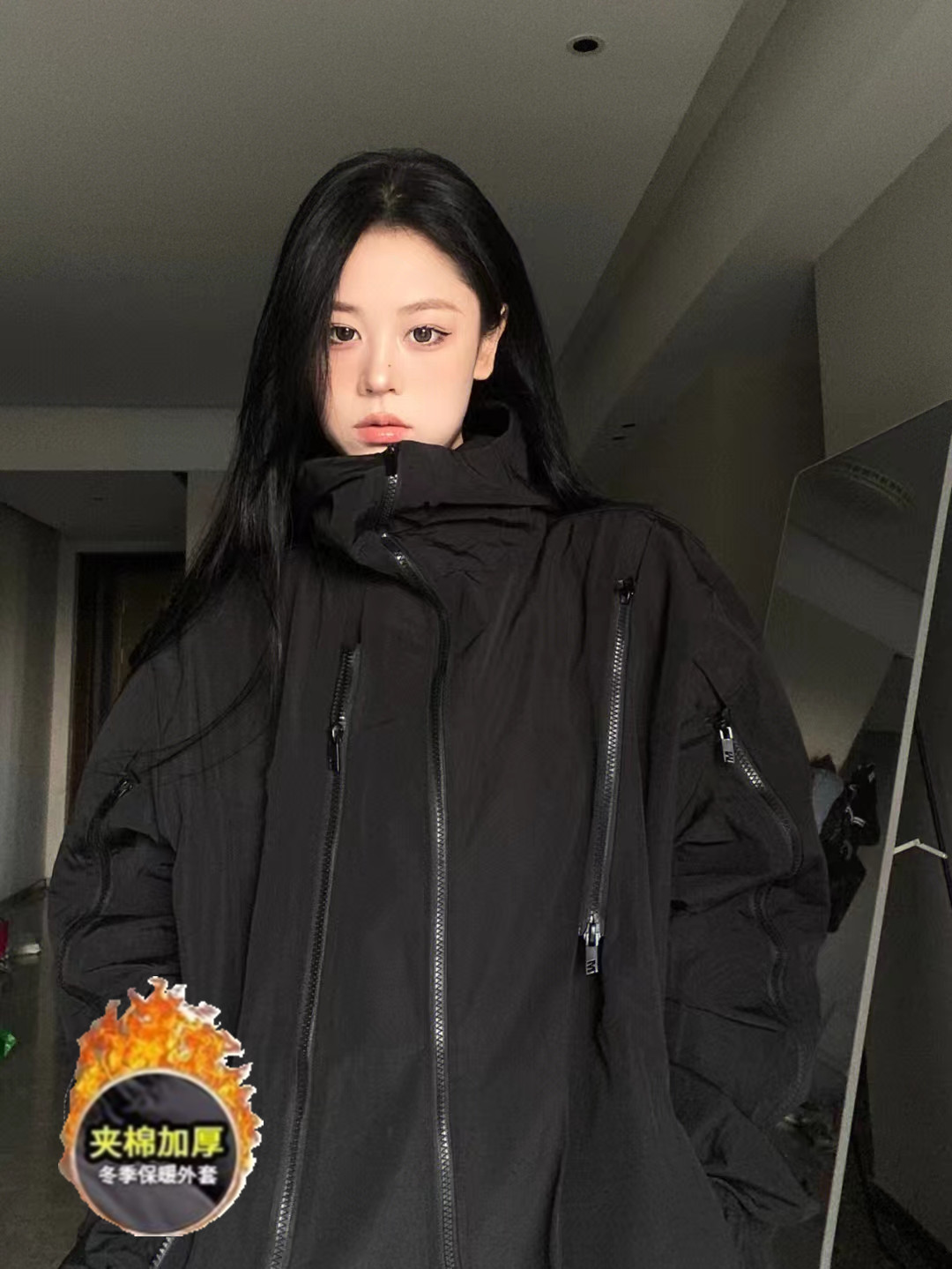 加厚夾棉原版面料連帽美式外套女春秋季潮牌機能衝鋒衣夾克