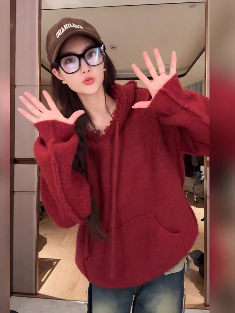 韓版慵懶休閒通勤小眾軟糯毛衣秋冬新款寬鬆百搭顯瘦連帽套頭上衣