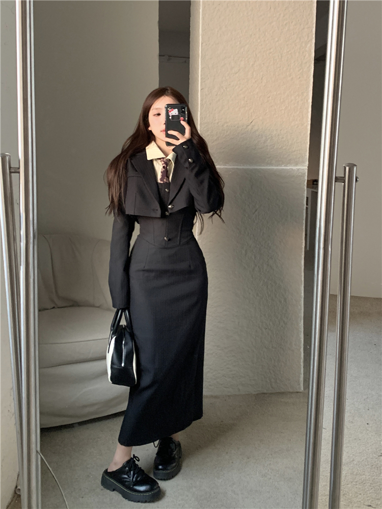 實拍~老錢風西裝套裝女秋裝短款外套背帶長裙
