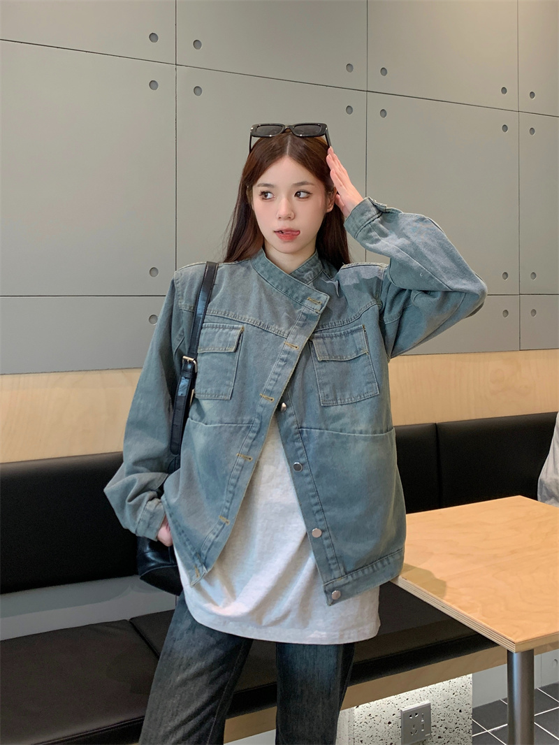 實拍 小眾設計高級感美式復古懷舊寬鬆夾克春秋款牛仔外套女