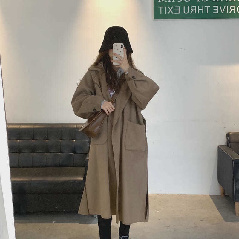 2023秋冬季新款毛呢外套女寬鬆翻領大口袋過膝小個子呢子大衣女