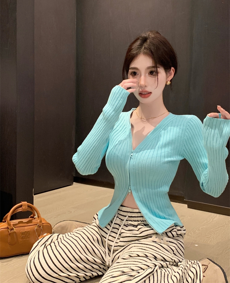 實拍 秋季修身甜辣妹v領長袖毛衣針織衫拉鏈外套開衫上衣女