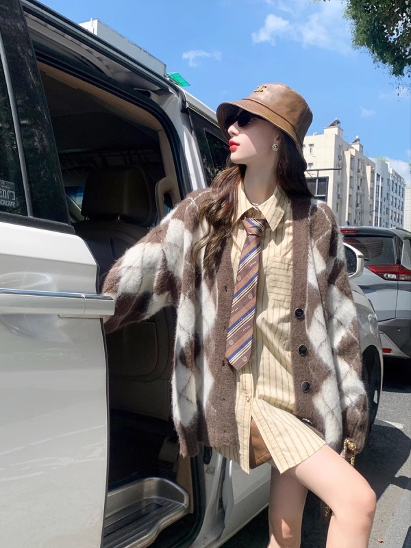 果果家 格紋針織開衫外套女秋季新款慵懶風寬鬆毛衣復古羊毛上衣