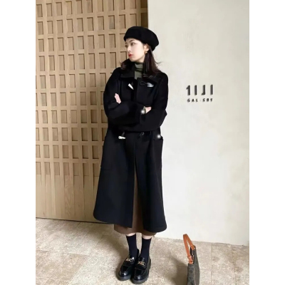 黑色牛角扣大衣女中長款加厚秋冬2023年新款韓系羊角呢子毛呢外套