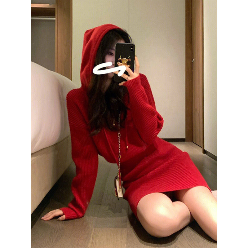 Hepburn style dress for women autumn and winter French retro niche design zipper hooded slimming temperament hip-hugging knitted skirt