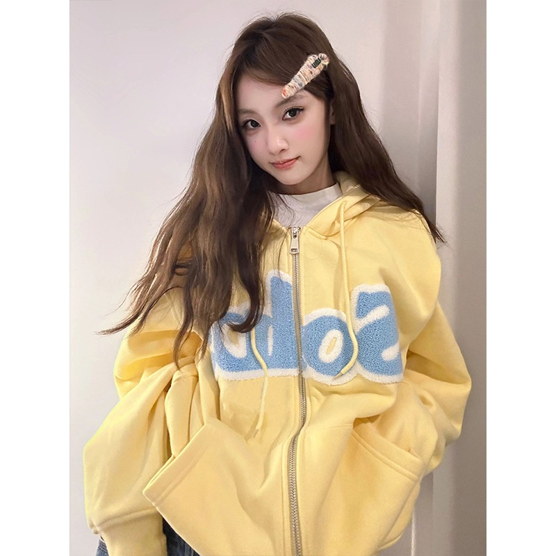 原版品質毛巾繡棉華棉複合牛奶絲銀狐絨奶黃色連帽衛衣女秋季外套