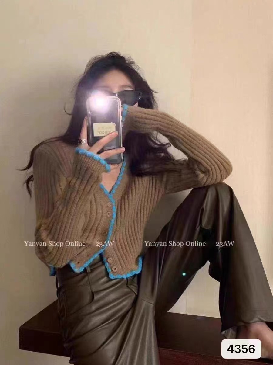 YANYANSHOP韓版2023秋季新款辣妹甜美拼色ins風排扣針織毛衣