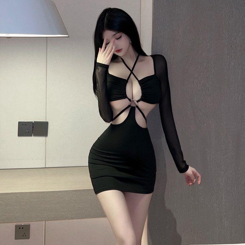 實拍~歐美辣妹鏤空性感長袖透視緊身包臀連衣裙外貿女