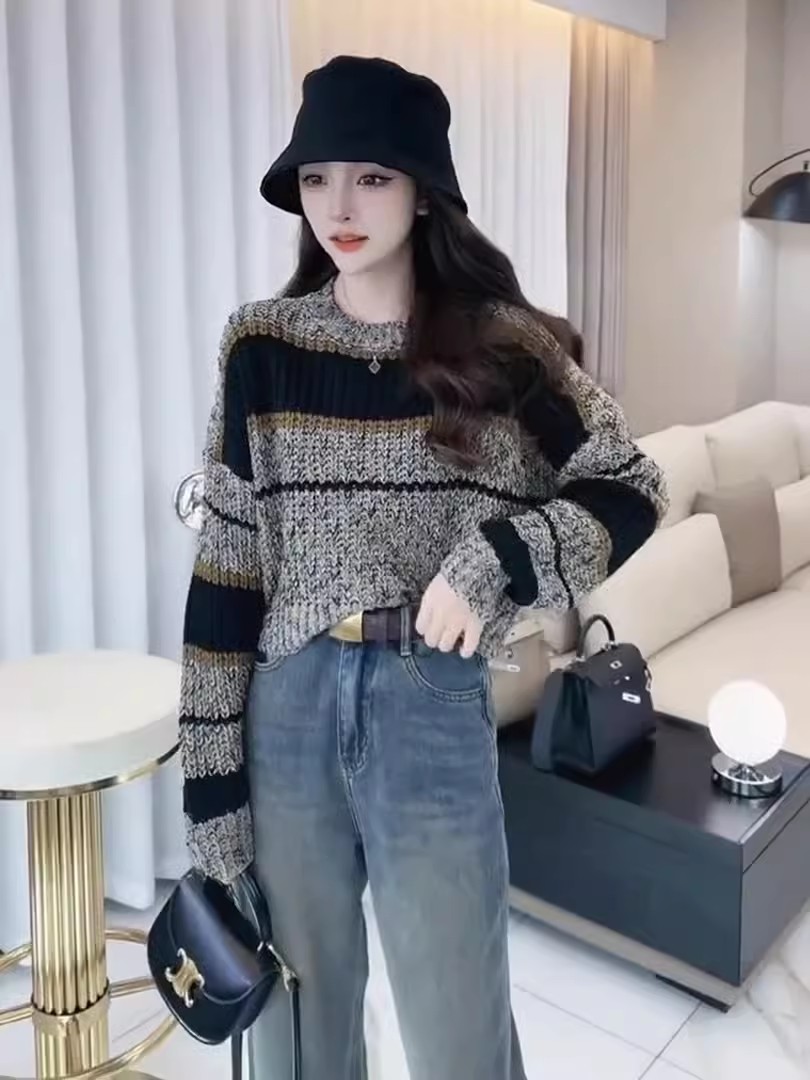 歐貨慵懶設計感重工條紋針織毛衣女長袖秋冬洋氣寬鬆減齡時尚上衣