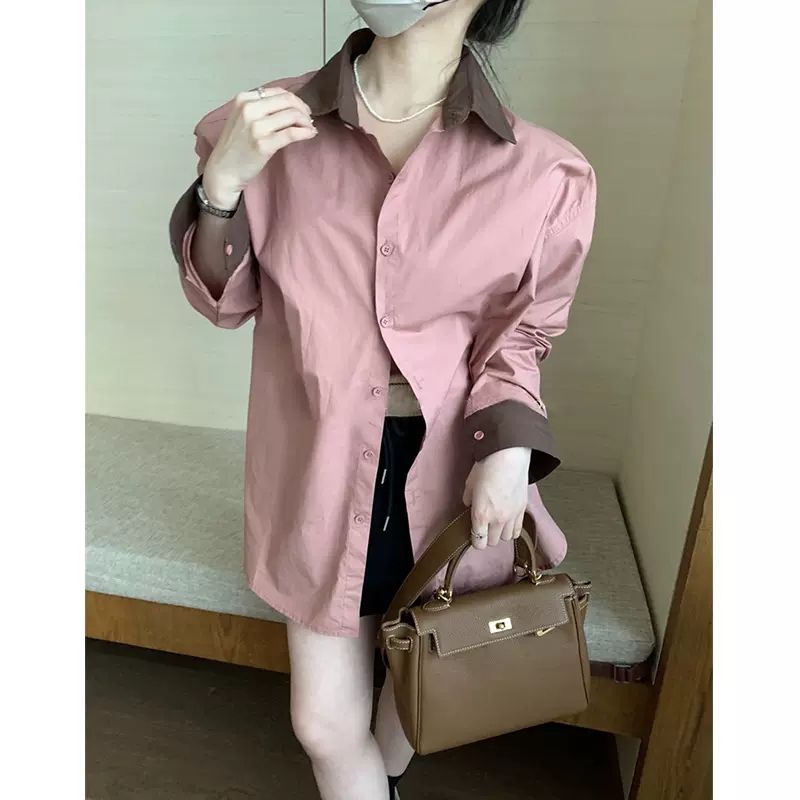 法式粉色襯衫外套女潮秋冬季設計感小眾潮高級感翻領撞色襯衣上衣
