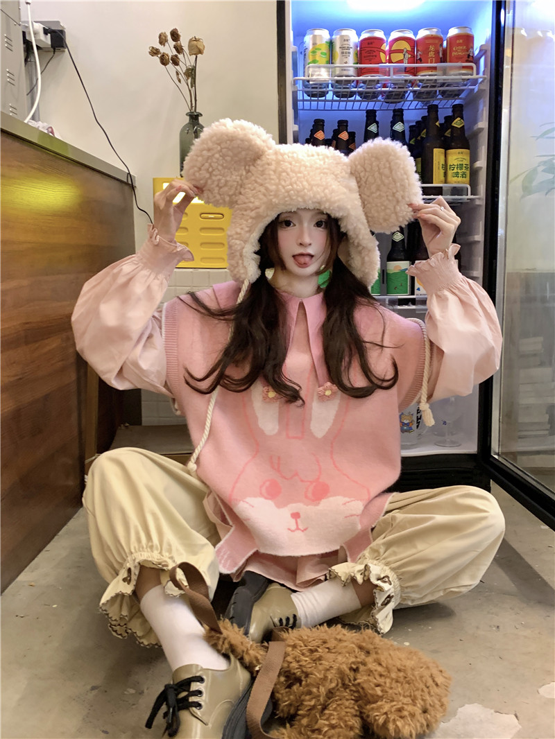 實拍~時尚兩件套~甜美減齡兔子針織馬甲+寬鬆娃娃領襯衫