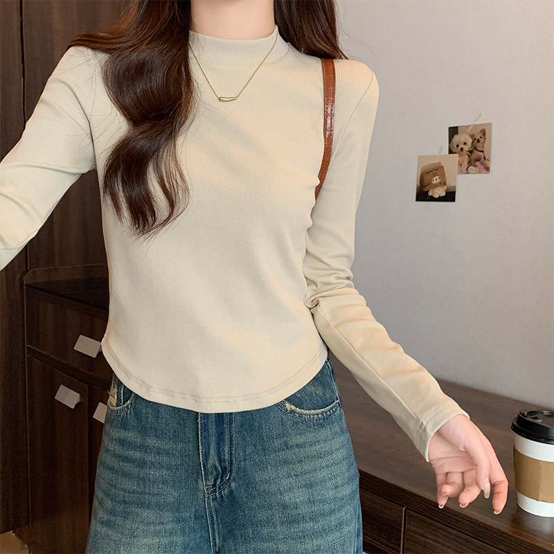 實拍螺紋棉長袖t恤女春秋內搭小立領純色修身短款不規則上衣