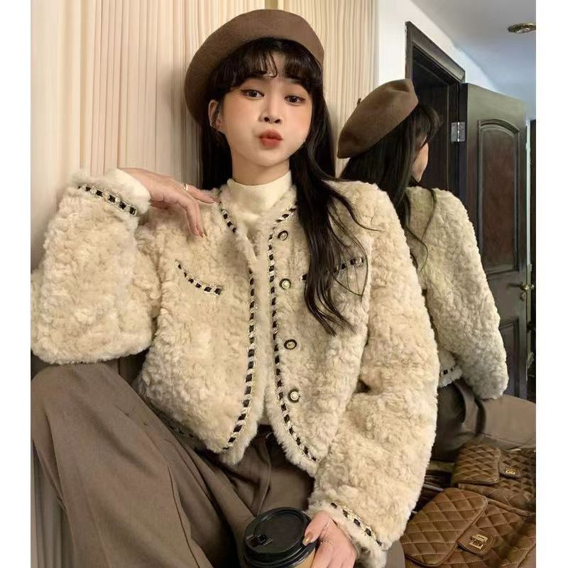 小香風仿羊羔毛毛短外套女秋冬季新款小個子寬鬆保暖加厚毛絨上衣