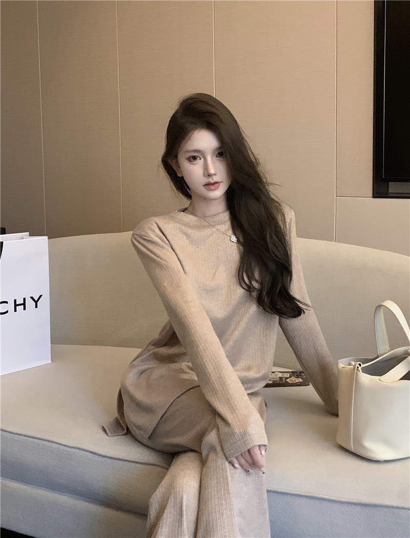 實拍 慵懶氣質懶人套裝墊肩上衣/垂感長褲休閒褲女秋兩件套