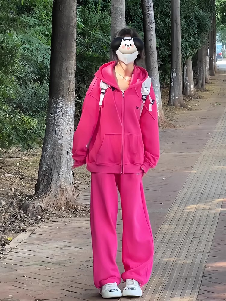 休閒高級感運動服套裝女秋季學院風時尚減齡連帽衛衣闊腿褲兩件套
