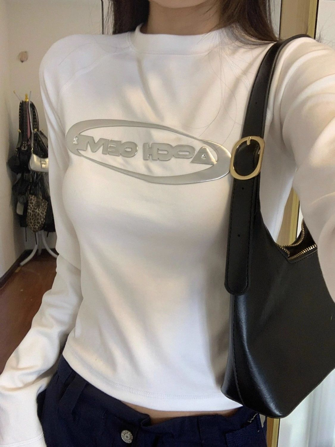 美式正肩長袖t恤女秋季設計感修身內搭甜辣妹短款上衣