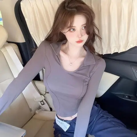 修身長袖露臍打底衫小眾短款t恤上衣女ins潮秋冬翻領