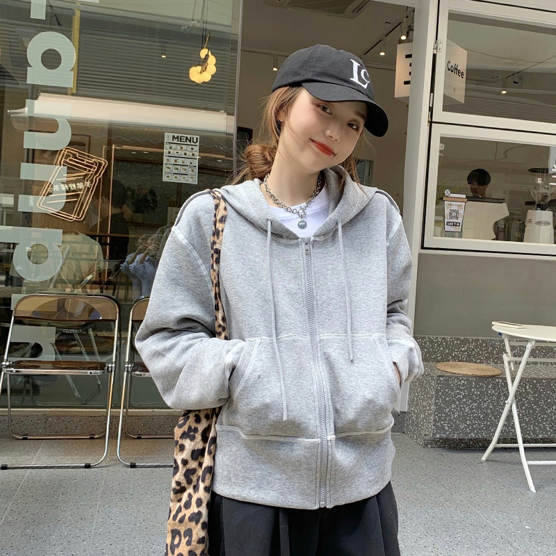 Gray coat women's autumn thin hooded sweatshirt cardigan loose Korean style