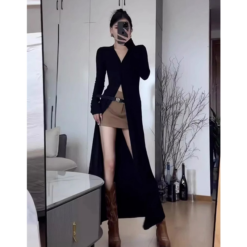 Autumn and winter long-sleeved tops for women new black high-end temperament knitted cardigan mid-length coat