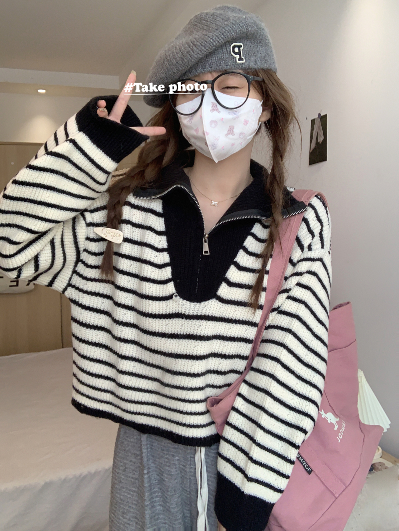 實拍  日系辣妹風復古時髦撞色條紋寬鬆顯瘦短款套頭毛衣外套
