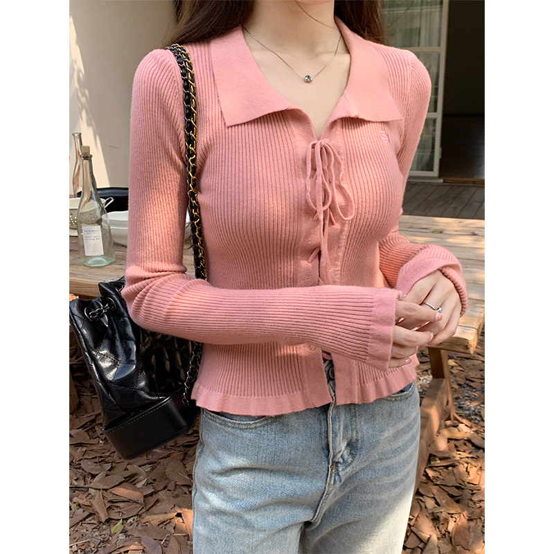 Real shot of hot girl sexy lace-up long-sleeved sweater women's autumn and winter new style slim-fit navel-baring short top with fungus