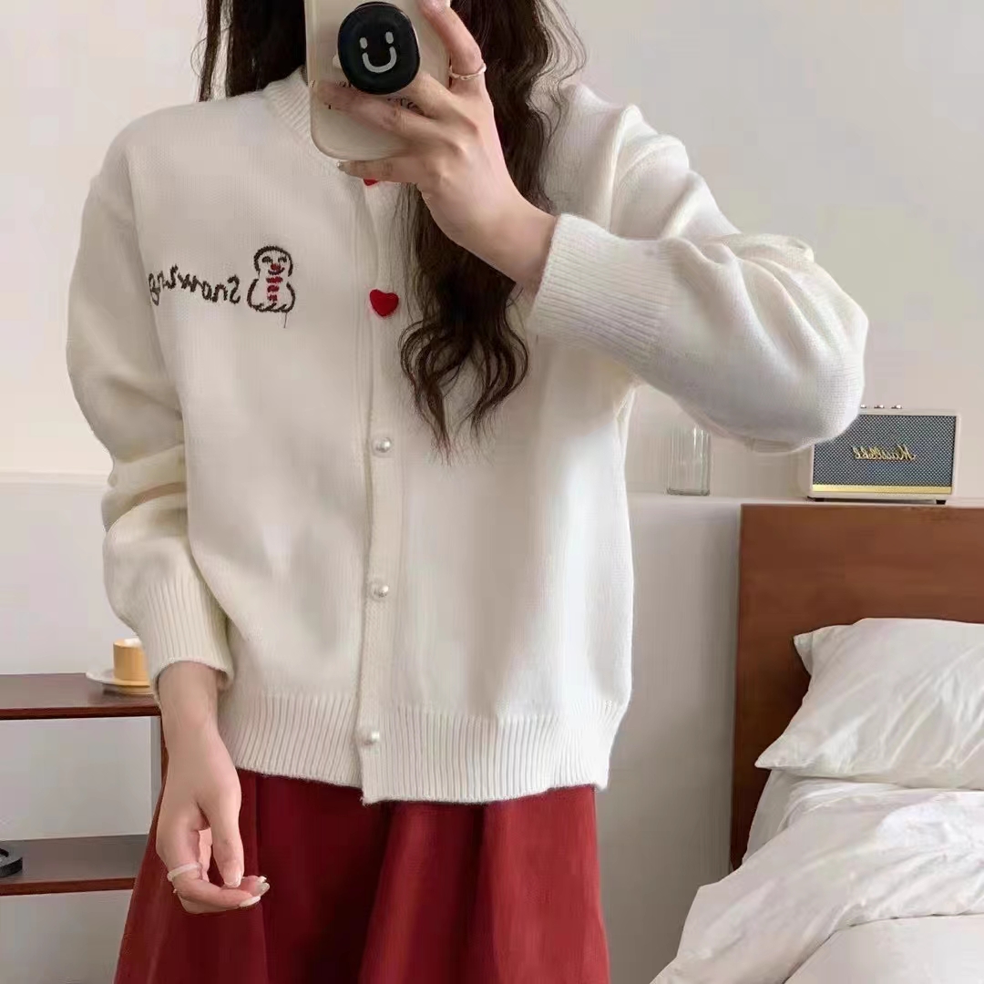 小香風紅色雪人愛心扣毛衣開衫女秋冬季外搭設計感拼色羊毛針織衫