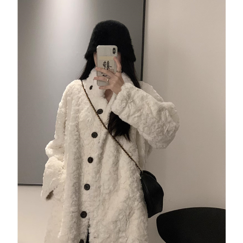 Lamb wool Korean style long coat with knee-length design and chaebol family imitation rabbit fur with thickened loose stand-up collar