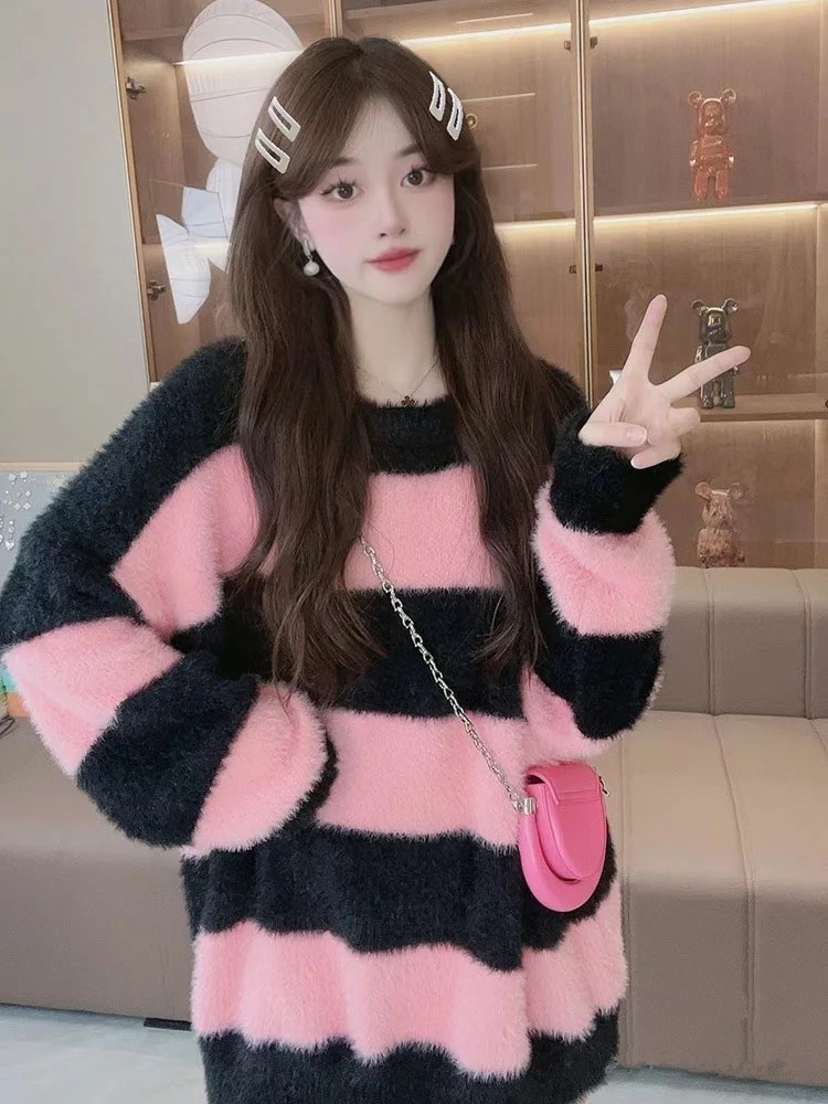 水貂絨條紋設計感ins韓系秋冬毛衣女2023新款加厚寬鬆外穿慵懶風