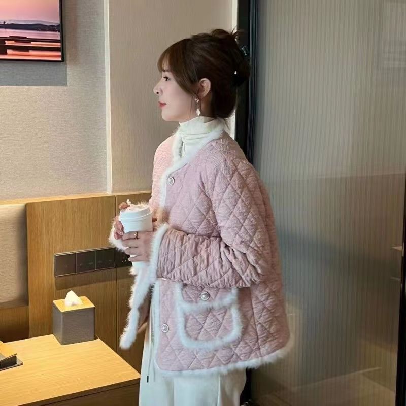 網紅小香風棉服女2023年冬季新款輕奢時尚菱格夾棉加厚外套