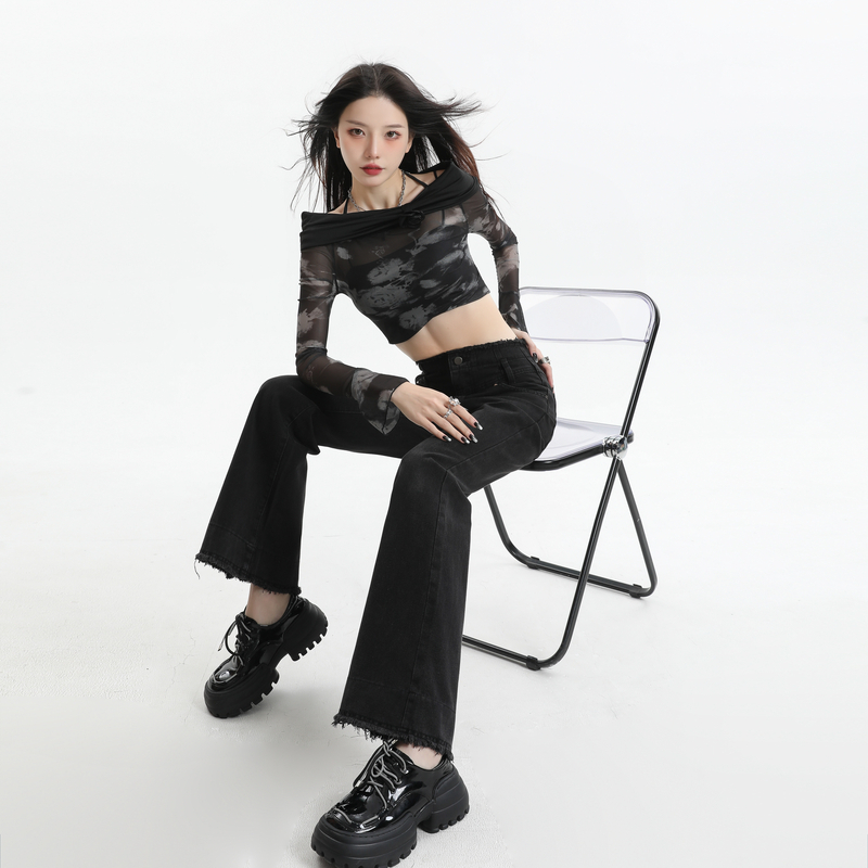 實拍2023秋季時尚高腰微喇牛仔褲女