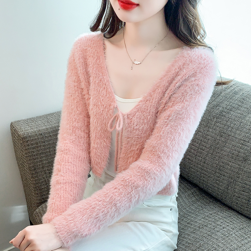 已出貨 2023秋冬新款仿水貂絨毛衣外搭女軟糯寬鬆系帶開衫外套女