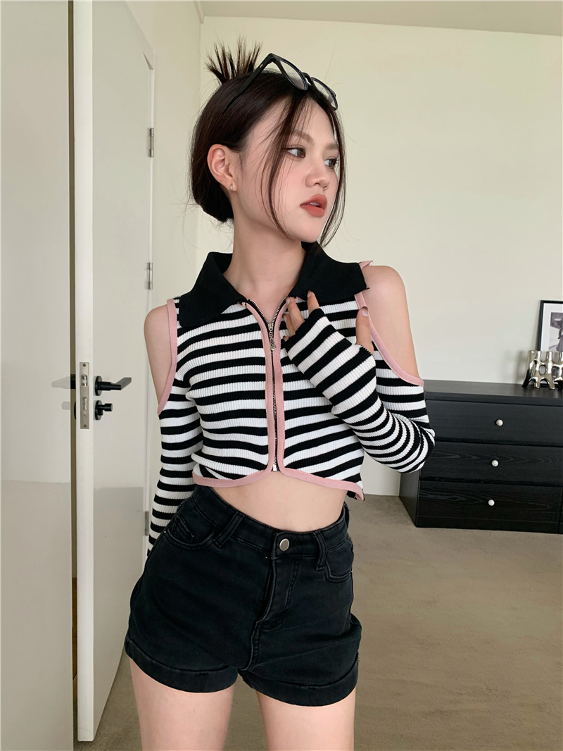 實拍  美式辣妹短款上衣女露肩polo條紋長袖拉鏈針織衫