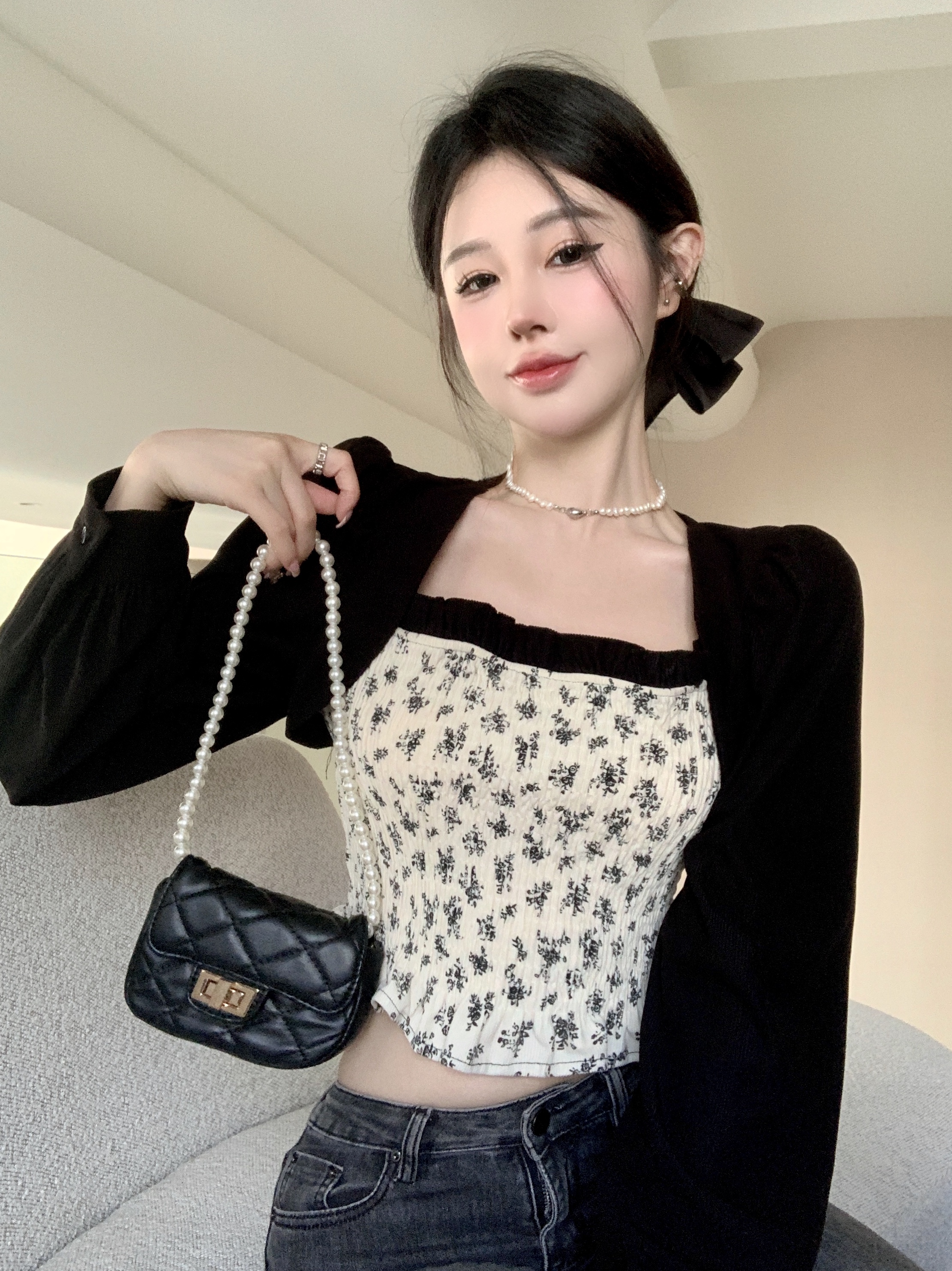 實拍  早秋新款韓版修身假兩件開衫拼接褶皺碎花短款百搭上衣